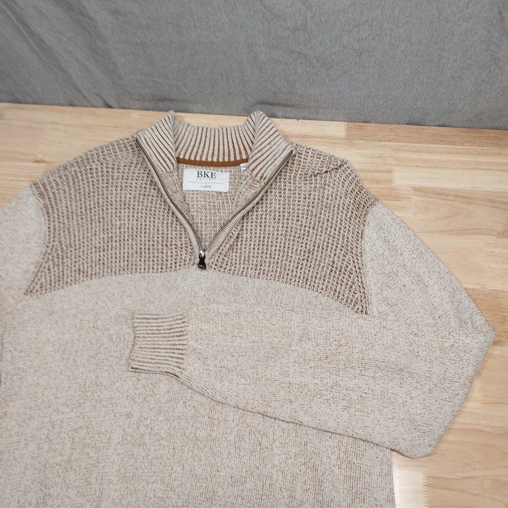 BKE Mens Quarter Zip Pullover Sweater Textured Cotton Large Tan Marled